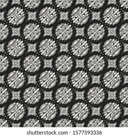 Ink Drawn Brushed Textured Circle Tiles Graphic Motif. Seamless Pattern.