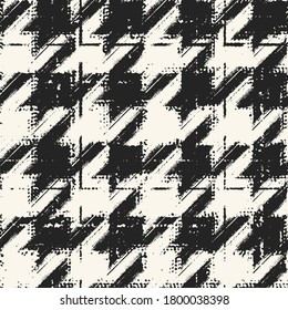 Ink Drawn Brushed Textured Houndstooth Graphic Motif. Seamless Pattern.