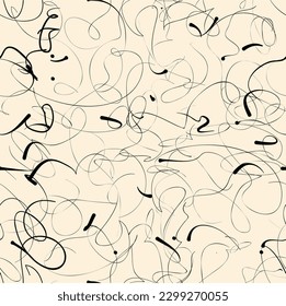 Ink drawn calligraphic lines and blots abstract seamless pattern. Brushstrokes, smears, curved lines and background. Vector hand drawn calligraphic ink swash strokes.