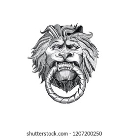 Ink drawn door handle of Lion head with ring in jaw. Classic furniture element in vintage style. Black on white. Engraved sketch.
