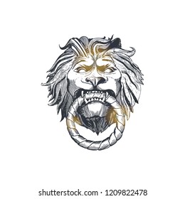 Ink drawn door handle of Lion head with ring in jaw. Classic furniture element in vintage style. Black on white. Engraved hand drawn sketch.
