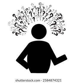 Ink drawn question marks around man's silhouette, brainstorming concept, grunge question marks, doodle sketch style of question marks, human icon with question mark design, worried man pictogram