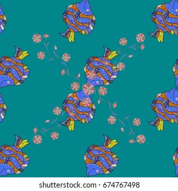 Ink drawn style. Vector illustration. Of a seamless fish pattern in colors.