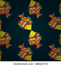 Ink drawn style. Vector illustration. Of a seamless fish pattern in colors.