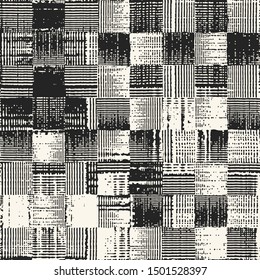 Ink Drawn Textured Speckled Checked Background. Seamless Pattern.