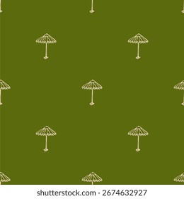 Ink drawn vector seamless repeat pattern in expressive freeform style. Coastal sea themed. Beach umbrella 