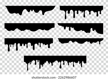 Ink drops black set. Abstract creativity and art, grunge style and street art. Natural patterns, dark liquid on copy space. Cartoon flat vector illustrations isolated on transparent background