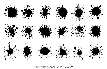 Ink drops. Ink blot spot and splatter, black liquid paint drip splashes. Artistic dirty grunge abstract spot inking stained effect isolated vector set. Graffiti droplets and leaking collection