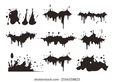 Ink drops, paint splash, grunge liquid drops, abstract artistic ink splatter, vector illustration, messy paint, liquid splashes, grunge texture, abstract design.