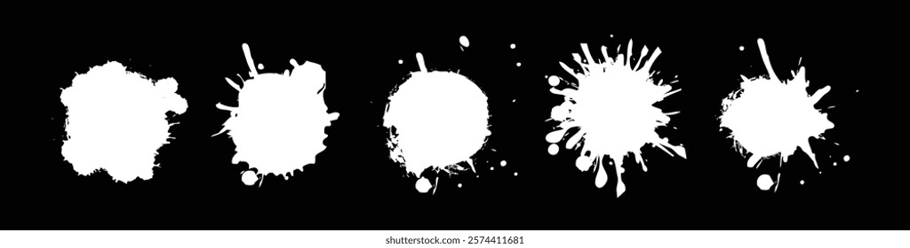 Ink drops and splashes. Artistic dirty grunge abstract spot vector set. Blotter spots, liquid paint drip drop splash and ink splatter. Illustration monochrome drip splash, splat messy inkblot