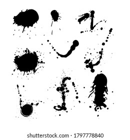 Ink drops and splashes. Blotter spots, liquid paint drip drop splash and ink splatter. Artistic dirty grunge abstract spot vector set. Illustration monochrome drip splash, splat messy inkblot