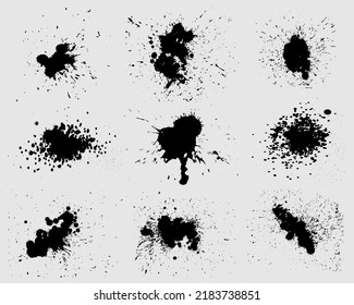 Ink drops and splashes. Blotter spots, liquid paint drip drop splash and ink splatter. Artistic dirty grunge abstract spot vector set. Illustration monochrome drip splash, splat messy inkblot