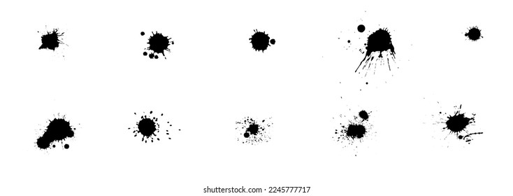 Ink drops and splashes. Blotter spots, liquid paint drip drop splash and ink splatter. Artistic dirty grunge abstract spot vector set. Illustration monochrome drip splash, splat messy inkblot