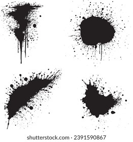 Ink drops and splashes. Blotter spots, liquid paint drip drop splash and ink splatter. Artistic dirty grunge abstract spot vector set. Illustration monochrome drip splash, splat messy inkblot