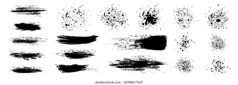 Ink drops and splashes. Blotter spots, liquid paint drip drop splash and ink splatter. Artistic dirty grunge abstract spot vector set. Illustration monochrome drip splash, splat messy inkblot