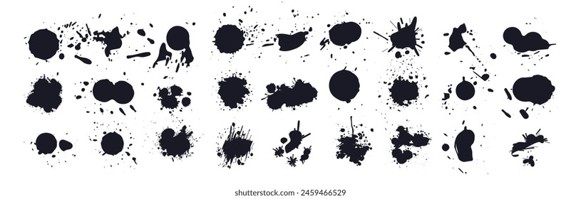 Ink drops and splashes. Blotter spots, liquid paint drip drop splash and ink splatter.  Different handdrawn spray design elements. Blobs and spatters