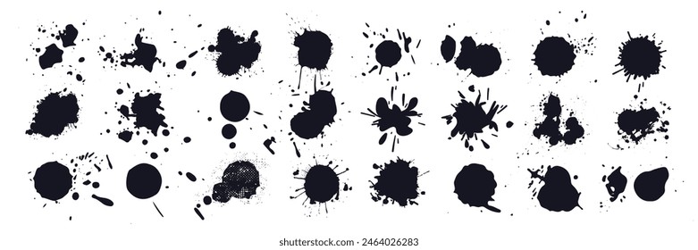 Ink drops and splashes. Blotter spots, liquid paint drip drop splash and ink splatter.  Different handdrawn spray design elements. Blobs and spatters