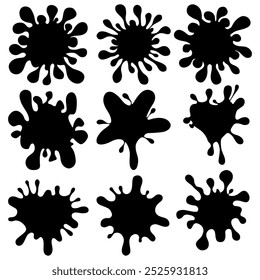 Ink drops and splashes. Blotter spots, liquid paint drip drop splash and ink splatter. Artistic dirty grunge abstract spot vector set. Illustration 