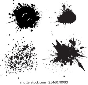 Ink drops and splashes. Blotter spots, liquid paint drip drop splash and ink splatter. Artistic dirty grunge abstract spot vector set. Illustration monochrome drip splash, splat messy inkblot