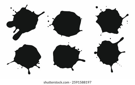 Ink drops and splashes. Blotter spots, liquid paint drip drop splash and ink splatter. Artistic dirty grunge abstract spot vector set. Illustration monochrome drip splash, splat messy inkblots