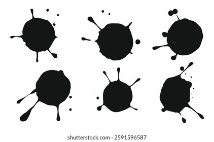 Ink drops and splashes. Blotter spots, liquid paint drip drop splash and ink splatter. Artistic dirty grunge abstract spot vector set. Illustration monochrome drip splash, splat messy inkblots