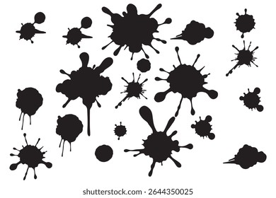 Ink drops and splashes. Blotter spots, liquid paint drip drop splash and ink splatter. Artistic dirty grunge abstract spot vector set. Illustration monochrome drip splash, splat messy inkblot