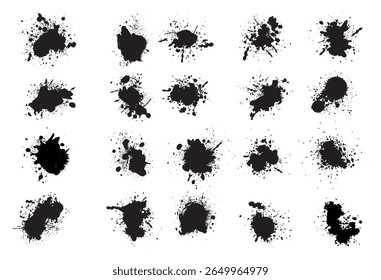 A tinta cai e espirra. Manchas de borrão, respingos de gotejamento de tinta líquida e borrifo de tinta. Conjunto de vetores de ponto abstrato grunge sujo artístico. Ilustração monocromática gotejamento splash, borrão de tinta bagunçado