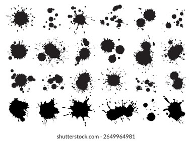 A tinta cai e espirra. Manchas de borrão, respingos de gotejamento de tinta líquida e borrifo de tinta. Conjunto de vetores de ponto abstrato grunge sujo artístico. Ilustração monocromática gotejamento splash, borrão de tinta bagunçado