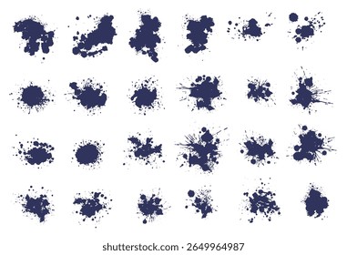 A tinta cai e espirra. Manchas de borrão, respingos de gotejamento de tinta líquida e borrifo de tinta. Conjunto de vetores de ponto abstrato grunge sujo artístico. Ilustração monocromática gotejamento splash, borrão de tinta bagunçado