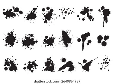 A tinta cai e espirra. Manchas de borrão, respingos de gotejamento de tinta líquida e borrifo de tinta. Conjunto de vetores de ponto abstrato grunge sujo artístico. Ilustração monocromática gotejamento splash, borrão de tinta bagunçado