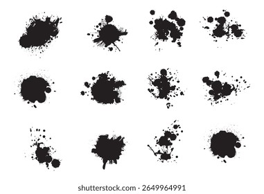 A tinta cai e espirra. Manchas de borrão, respingos de gotejamento de tinta líquida e borrifo de tinta. Conjunto de vetores de ponto abstrato grunge sujo artístico. Ilustração monocromática gotejamento splash, borrão de tinta bagunçado