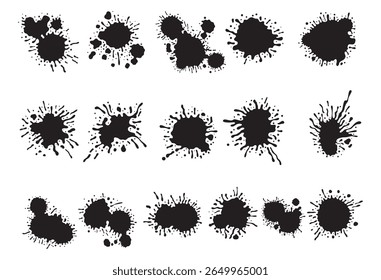 Ink drops and splashes. Blotter spots, liquid paint drip drop splash and ink splatter. Artistic dirty grunge abstract spot vector set. Illustration monochrome drip splash, splat messy inkblot