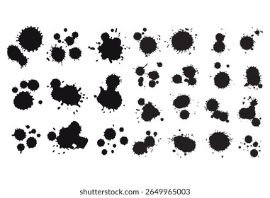 A tinta cai e espirra. Manchas de borrão, respingos de gotejamento de tinta líquida e borrifo de tinta. Conjunto de vetores de ponto abstrato grunge sujo artístico. Ilustração monocromática gotejamento splash, borrão de tinta bagunçado