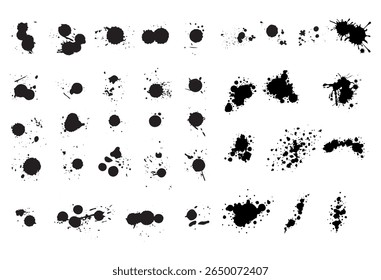 Ink drops and splashes. Blotter spots, liquid paint drip drop splash and ink splatter. Artistic dirty grunge abstract spot vector set. Illustration monochrome drip splash, splat messy inkblot