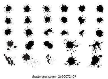 A tinta cai e espirra. Manchas de borrão, respingos de gotejamento de tinta líquida e borrifo de tinta. Conjunto de vetores de ponto abstrato grunge sujo artístico. Ilustração monocromática gotejamento splash, borrão de tinta bagunçado