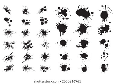 Ink drops and splashes. Blotter spots, liquid paint drip drop splash and ink splatter. Artistic dirty grunge abstract spot vector set. Illustration monochrome drip splash, splat messy inkblot