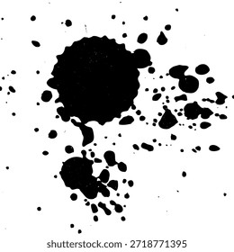 Gotas de tinta y salpicaduras. Manchas de manchas, goteo de pintura líquida, salpicaduras de gotas y salpicaduras de tinta. Conjunto de Vector de punto abstracto grunge sucio artístico. Ilustración vectorial aislada.
