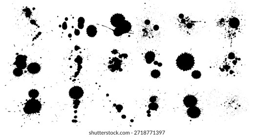 Gotas de tinta y salpicaduras. Manchas de manchas, goteo de pintura líquida, salpicaduras de gotas y salpicaduras de tinta. Conjunto de Vector de punto abstracto grunge sucio artístico. Ilustración vectorial aislada. 