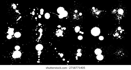 Gotas de tinta y salpicaduras. Manchas de manchas, goteo de pintura líquida, salpicaduras de gotas y salpicaduras de tinta. Conjunto de Vector de punto abstracto grunge sucio artístico. Ilustración vectorial aislada. 