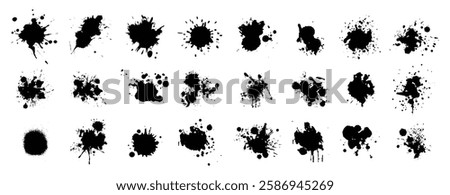 Ink drops and splashes. Blotter spots, liquid paint drip drop splash and ink splatter.Blobs and spatters. Artistic dirty grunge abstract spot vector set. Isolated vector illustration.