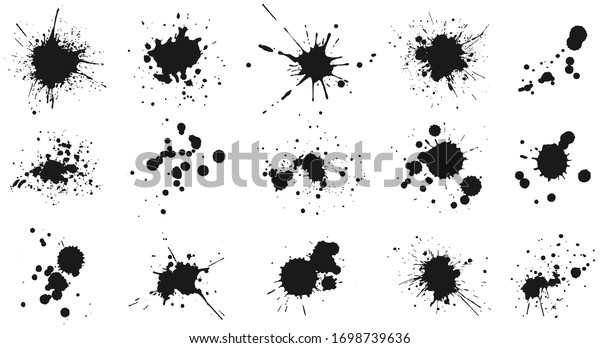 Ink drops and splashes. Blotter spots, liquid\
paint drip drop splash and ink splatter. Artistic dirty grunge\
abstract spot vector set. Illustration monochrome drip splash,\
splat messy inkblot
