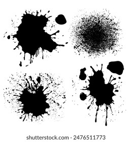 Ink drops and splashes. Blotter stains, paint splatters and ink splatters. Artistic dirty grunge abstract dotted vector set.