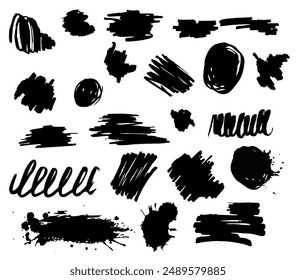 Ink drops and splashes Set. Blotter spots, liquid paint drip drop splash and ink splatter. Grunge design elements vector set. Illustration monochrome drip splash, splat messy inkblot, brush strokes