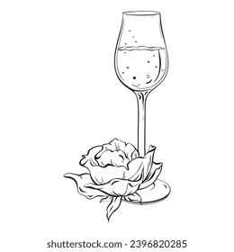 Ink: Elegant composition featuring a vine glass and a blooming rose. A delicate illustration for cards, coloring, prints, posters, and textile printing. for birthdays, weddings, bachelorette parties