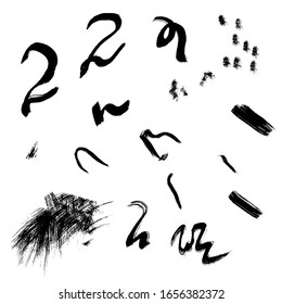 Ink elements (lines, spots, squiggles) for graphic design are made in freehand manner – vector illustration isolated on white background.  The Figures for decoration, prints, to complement composition