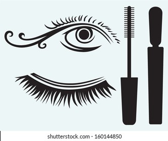 Ink for eyelashes and eye isolated on blue background