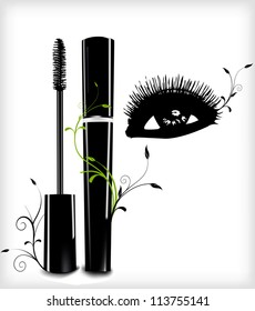 Ink for eyelashes with ornament and eye. Vector illustration