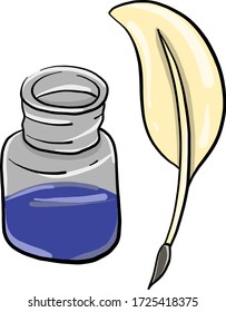 Ink with feather, illustration, vector on white background