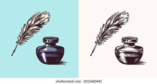 Ink and feather and inkwell in vintage engraved style. Retro vector illustration for woodcut or woodblock or print. Hand drawn.