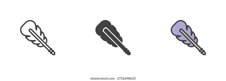 Pluma de tinta pluma de estilo diferente conjunto de iconos que simboliza la escritura y la autoría. Línea, sólido y llenado Vector de color de contorno signo y símbolo. Paquete de iconos clásicos para literatura, poesía y temas de iconos de libros.